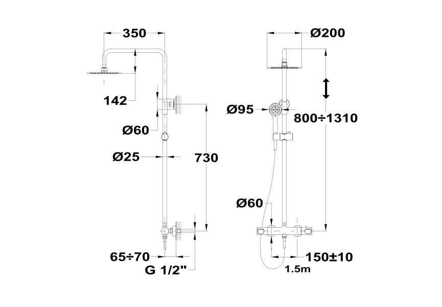 Columna de ducha extensible termostático Manacor Strohm Teka croquis 4