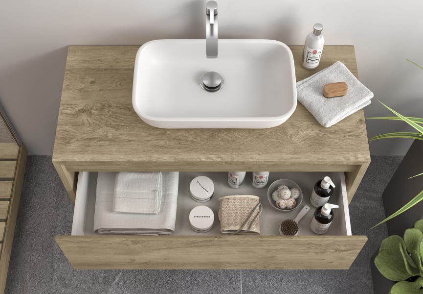 Meuble de salle de bains avec plan de toilette en bois Lambda Coycama détail 16