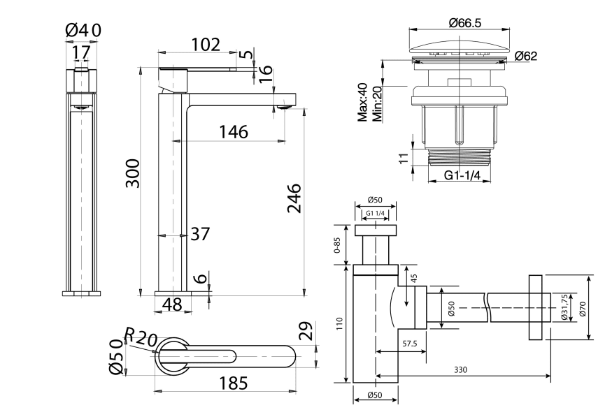 Pack Grifo de lavabo caño alto Roma Imex + Válvula click-clack + Sifón croquis 9