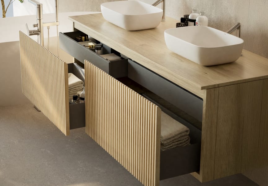 Mueble de baño madera maciza con encimera de madera Alpes 4 Bruntec detalle 2