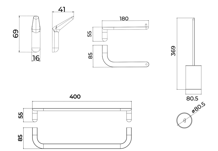 Conjunto de accesorios de baño Aura Medimex croquis 15