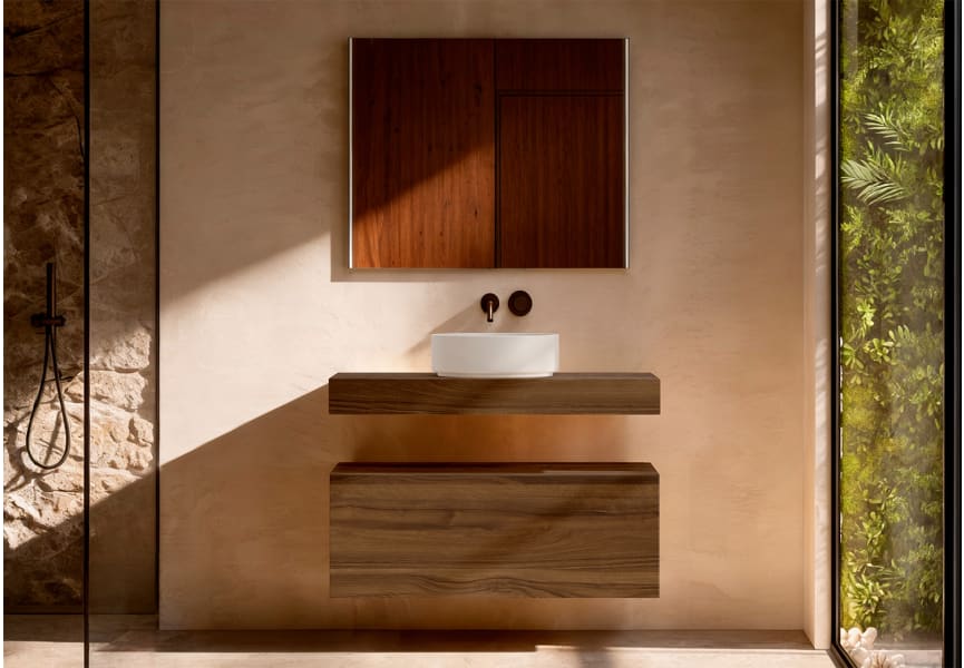 Mueble de baño con encimera de madera 10 cm de altura con cajonera Nomad monocolor Visobath principal 0