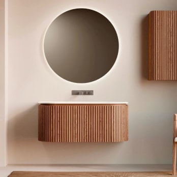 Conjunto mueble de baño madera varias medidas, maciza de fresno con lavabo Solid Suface Neo Curve Bruntec