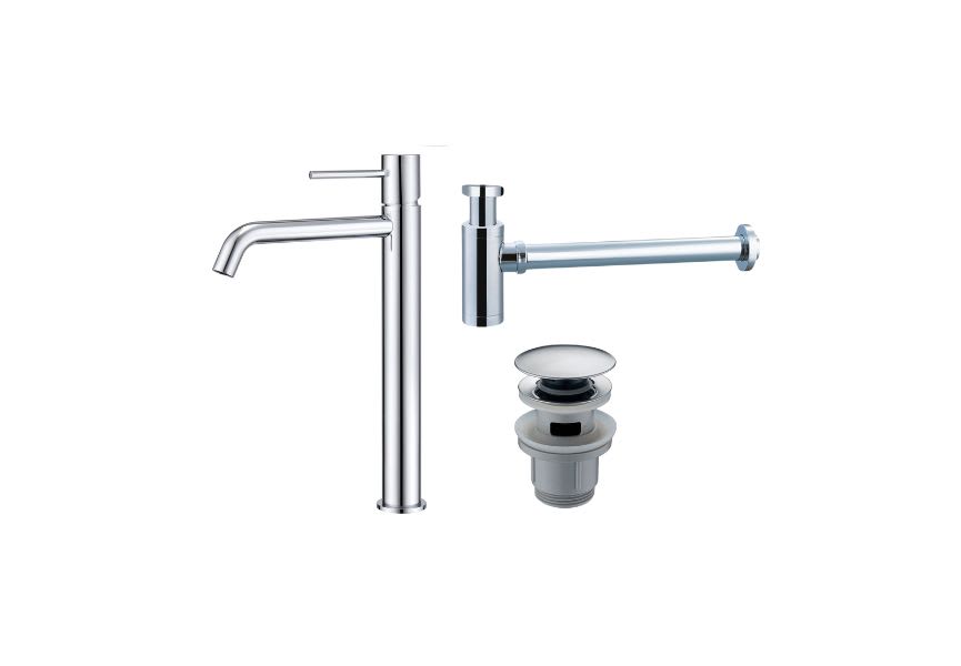 Pack robinet de lavabo à bec haut Monza Imex + valve clic clac + Siphon rond apparent principal 0
