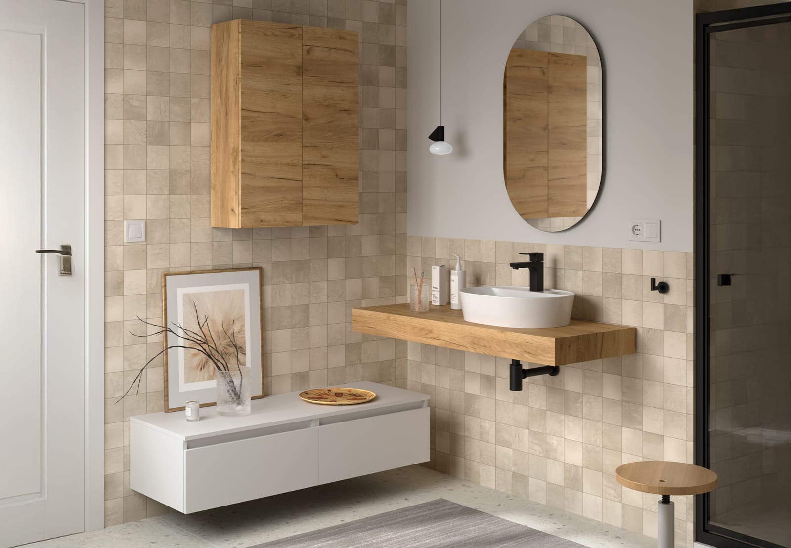 Ensemble de meubles de salle de bains avec plan de toilette en chêne et caisson blanc Domus Salgar principal 0