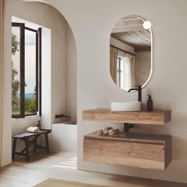 Ensemble de meubles de salle de bains en bois avec plan de toilette en bois Vilma Bruntec principal 1