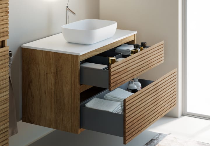 Meuble de salle de bain en bois massif avec plan de toilette Solid surface Alpes 5 Bruntec détail 6