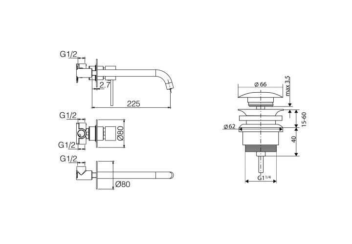 Robinetterie de lavabo encastrée Milos Imex + bonde click-clack pack croquis 11