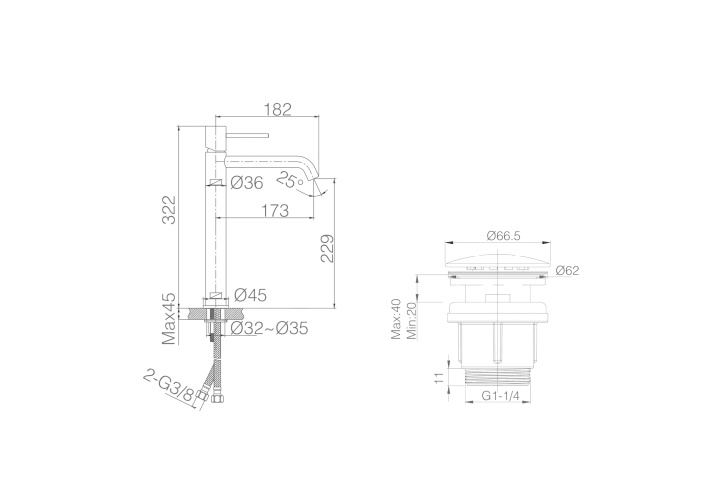 Pack Mitigeur de lavabo bec haut Monza Imex + Valve click-clack croquis 9