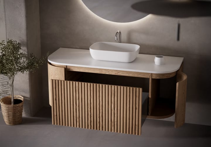 Mueble de baño madera varias medidas, maciza de fresno con encimera Solid Surface Evo Curve Bruntec detalle 1