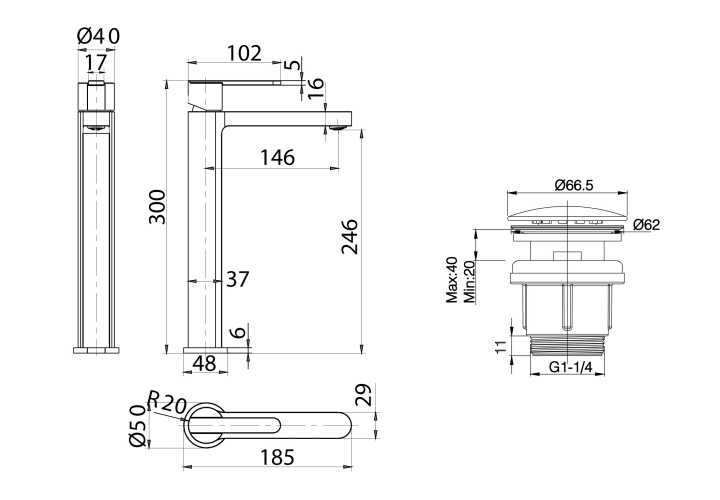 Pack Grifo de lavabo caño alto Roma Imex + Válvula click-clack croquis 9