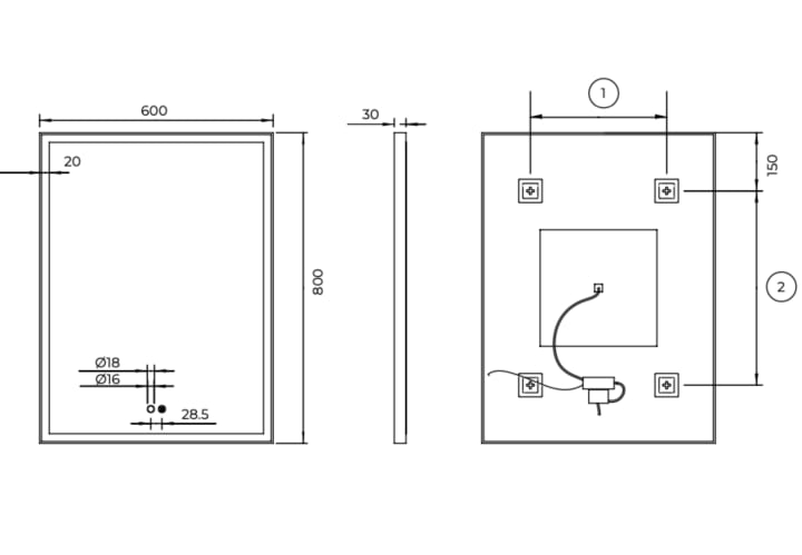 Miroir de salle de bains avec éclairage LED Suiza Ledimex croquis 9