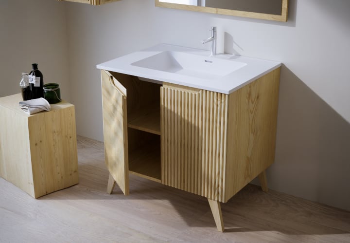 Ensemble de meubles de salle de bains en bois massif Alpes 14 Bruntec détail 2