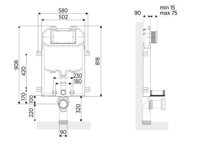 Pack Inodoro + cisterna empotrada + pulsador Square Bruntec croquis 7
