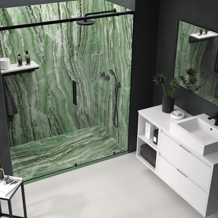 Receveurs de douche en résine décorés Design 3D Marbre Travertin Bruntec environnement 1