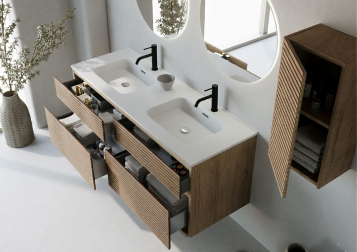 Ensemble de meubles de salle de bain en bois massif palilleria Horizontal Alpes 7 Bruntec détail 2