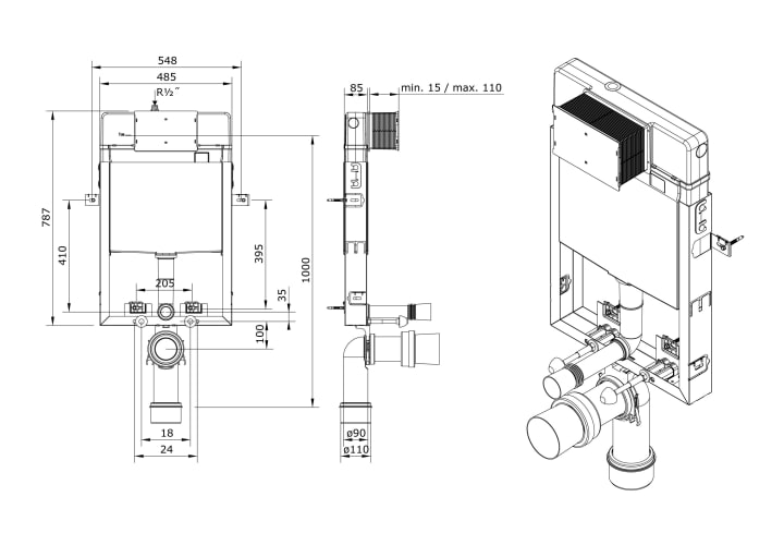 Pack inodoro + cisterna empotrada + pulsador + bide Look Unisan Sanindusa croquis 10