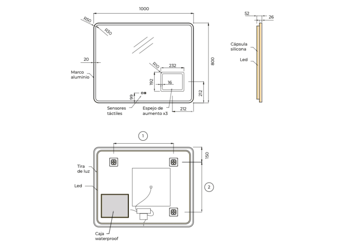 Miroir de salle de bains avec éclairage LED Duomo Ledimex croquis 11