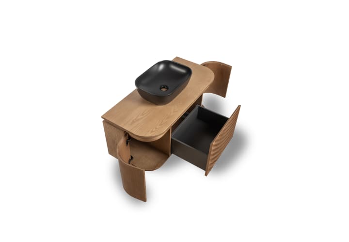 Meuble de salle de bain, plusieurs dimensions, en bois massif de frêne avec plan de toilette en bois Evo Curve Bruntec détail 4
