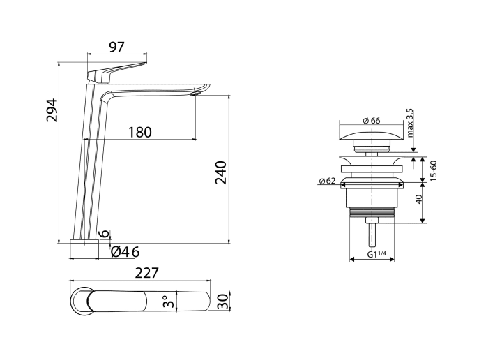 Pack Robinet de lavabo à bec haut Bélgica Imex + Bonde à déclic croquis 6