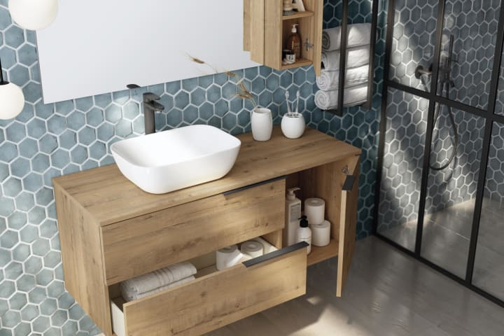 Mueble de baño con encimera de madera Coban Bruntec detalle 4