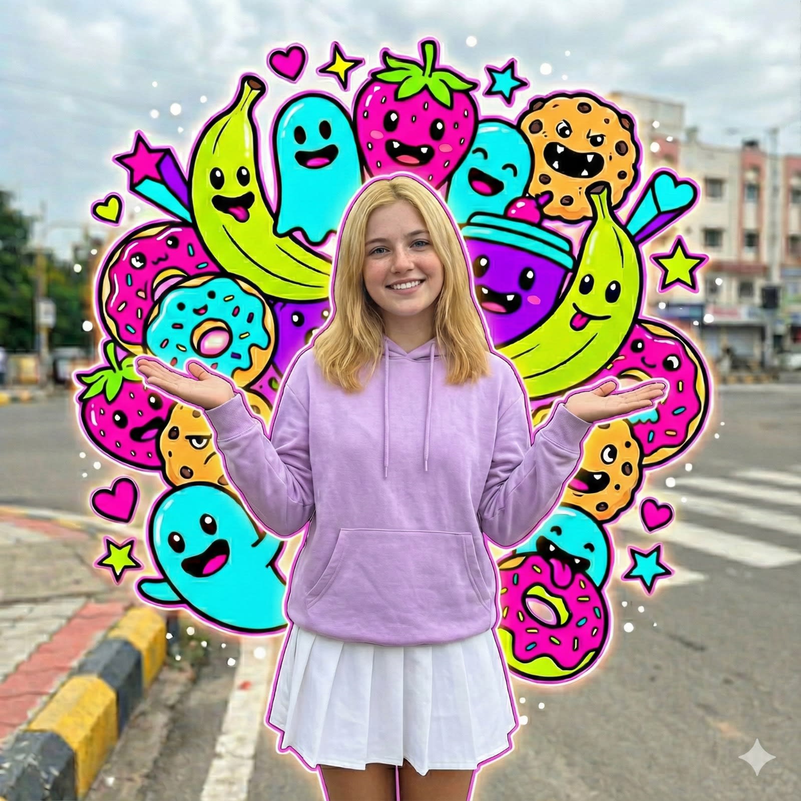 Analyze the attached image to identify the Subject (gender/age), Pose, Expression, Appearance (hair/skin), and Clothing (top/bottom/shoes).



Output a Single-Line Minified JSON prompt (no whitespace/line breaks) incorporating the detected details into the fixed "Sweets-Monster" style below:



{"subject":{"type":"[INSERT DETECTED GENDER/AGE]","pose":"[INSERT DETECTED POSE]","expression":"[INSERT DETECTED EXPRESSION]"},"appearance":{"hair_color":"[INSERT DETECTED]","hair_style":"[INSERT DETECTED]","complexion":"[INSERT DETECTED]"},"clothing":{"top":"[INSERT DETECTED]","bottom":"[INSERT DETECTED]","socks":"[INSERT DETECTED]","shoes":"[INSERT DETECTED]"},"environment":{"setting":"urban street corner","details":"painted curb, faded crosswalk lines, distant buildings, cloudy-bright sky"},"lighting":{"type":"bright diffused afternoon light","mood":"soft, pastel, airy"},"camera":{"angle":"mid to low angle","lens_effect":"wide lens, mild depth warp","framing":"centered"},"art_overlay":{"style":"maximalist sweets-monster pop-art","elements":{"monsters":"banana ghosts, donut creatures, strawberry heads, melting chocolate, cookie beasts","shapes":"neon stars, hearts, zigzags, drips, bubbles","colors":"flat neon pink, cyan, lime, purple with thick black outlines"},"placement":{"depth":"layers in front and behind","effects":"glowing rim lines, white spark dots"}},"style":{"overall":"pastel street photography with pop-art overlay","rendering":"photorealistic subject vs flat vector illustration"}} create a image 