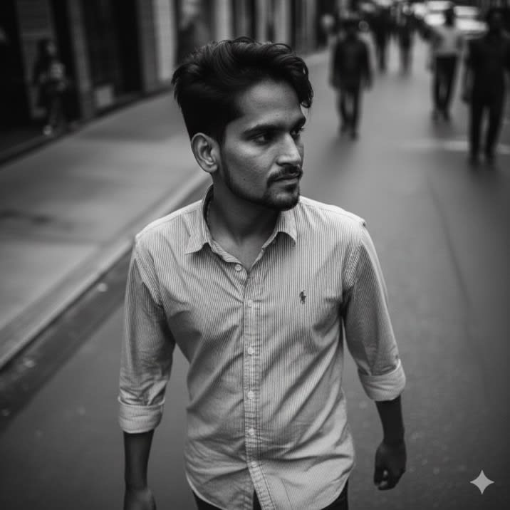 Analyze the attached image to identify the Subject's gender, age, facial features, and hair style. 

Generate a high-fashion image based on the subject's identity with the following style:
- **Core Aesthetic:** Black and white photograph of a Vogue fashion shoot.
- **Setting:** Subject is walking alone down a city street, street photography perspective.
- **Action & Motion:** Strong sense of motion; clothing fabric (matching the style in the original photo) lifted and moving naturally.
- **Camera Angle:** Shot from a high-angle, looking down to create a dynamic composition.
- **Technical Specs:** Candid movement, high resolution, hyper-realistic skin and fabric detail, cinematic contrast, and subtle film grain effect.
- **Mood:** Powerful, modern, and independent.

Maintain the subject's original facial structure and ethnicity from the uploaded photo while translating them into this high-fashion context.