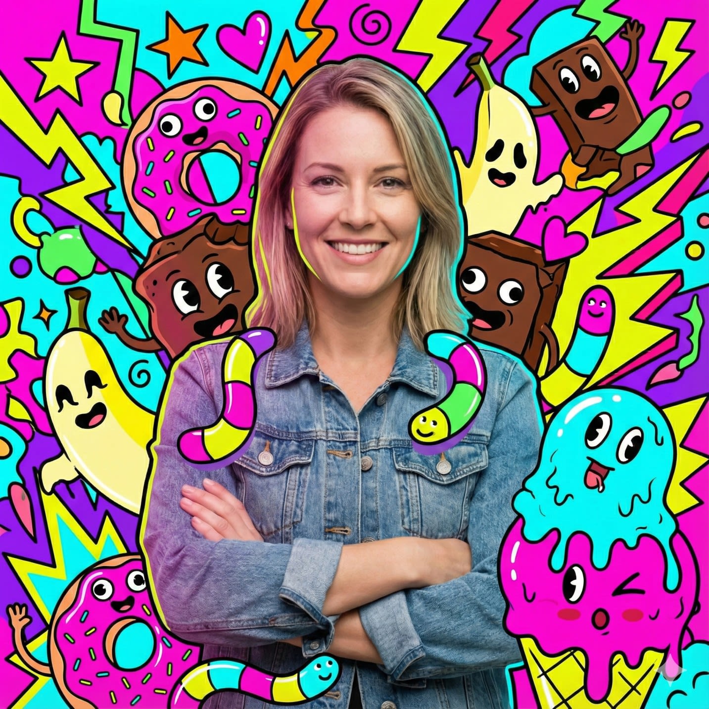 Mixed media art, hyper-realistic photography merged with maximalist pop-art illustration. A photorealistic subject in a dynamic pose, surrounded by a hyper-busy explosion of candy-inspired monsters and neon shapes.

The background and negative space are jam-packed with goofy, cute-ugly doodle creatures made of donuts, chocolate chunks, banana ghosts, candy worms, and melting ice cream. The illustrations are flat, neon-bright vector shapes with thick black outlines.

Composition rules: The doodle monsters should peek from behind the subject's shoulders, overlap the clothing with subtle shading, and fill the background, but strictly avoid covering the subject's face, skin, or hands.

Lighting is intense neon mixed lighting, electric and kinetic mood. Wide lens, subtle distortion, sharp focus on the photorealistic subject.