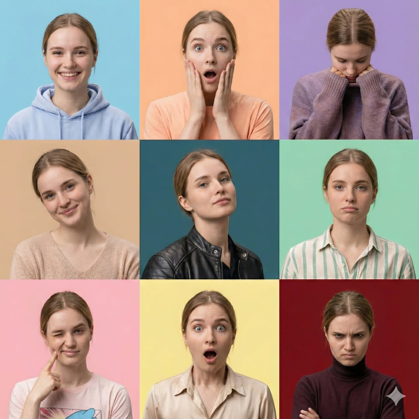  {
  "image_prompt": {
    "critical_instruction": "ABSOLUTE PRIORITY: Maintain identical facial structure across all panels. Do not alter underlying bone structure, nose shape, eye spacing, or jawline regardless of the expression being rendered. The identity must be unmistakable in every single shot.",
    "format": "3x3 grid collage",
    "subject": {
      "face_reference": "uploaded_photo",
      "face_identity_lock": "CRITICAL: fixed identity, zero deviation from reference facial features",
      "face_match_accuracy": "100% exact match enforced",
      "identity_preservation_details": "Ensure consistent interpupillary distance, exact nose bridge shape, and jaw structure in every panel.",
      "negative_constraints": [
        "do not morph nose shape",
        "do not change eye size or spacing",
        "do not alter cheekbone structure",
        "no plastic surgery look"
      ],
      "style": "hyper-realistic portrait photography, 8k resolution, raw photo aesthetic",
      "skin": "highly detailed natural skin texture, visible pores, subtle imperfections, realistic complexion, consistent across all lighting conditions",
      "camera_settings": "shot on Sony A7R IV, 85mm portrait lens, f/1.8 aperture, sharp focus on eyes, shallow depth of field"
    },
    "panels": [
      {
        "expression": "joyful",
        "pose": "bright natural smile (maintaining jaw structure), shoulders slightly raised",
        "hairstyle": "high ponytail with loose strands",
        "outfit": "pastel cotton hoodie",
        "background": "soft gradient sky blue studio backdrop"
      },
      {
        "expression": "surprised",
        "pose": "hands near face, wide eyes (without altering eye shape), natural reaction",
        "hairstyle": "loose natural wavy hair",
        "outfit": "casual cotton t-shirt",
        "background": "light peach studio backdrop"
      },
      {
        "expression": "sad",
        "pose": "head tilted down, emotional soft eyes",
        "hairstyle": "messy low bun",
        "outfit": "oversized wool sweater",
        "background": "muted lavender tone studio backdrop"
      },
      {
        "expression": "tender",
        "pose": "gentle smile, head slightly tilted",
        "hairstyle": "elegant half-up hairstyle",
        "outfit": "soft knit top",
        "background": "warm beige studio backdrop"
      },
      {
        "expression": "daring",
        "pose": "confident gaze, chin slightly raised (showing consistent jawline)",
        "hairstyle": "chic slicked-back hair",
        "outfit": "stylish leather or denim jacket",
        "background": "deep teal studio backdrop"
      },
      {
        "expression": "playful",
        "pose": "cheeks slightly puffed (ensure nose remains unchanged), playful stare",
        "hairstyle": "short textured bob",
        "outfit": "striped linen shirt",
        "background": "soft mint green studio backdrop"
      },
      {
        "expression": "charming",
        "pose": "wink with finger poking cheek",
        "hairstyle": "playful double buns",
        "outfit": "trendy graphic tee",
        "background": "light pink studio backdrop"
      },
      {
        "expression": "shocked",
        "pose": "mouth slightly open, eyebrows raised (forehead wrinkles match reference age)",
        "hairstyle": "tousled loose hair",
        "outfit": "simple silk blouse",
        "background": "light yellow studio backdrop"
      },
      {
        "expression": "furious",
        "pose": "arms crossed, intense glare (eyes narrowed but spacing unchanged)",
        "hairstyle": "tight high bun",
        "outfit": "dark fitted turtleneck",
        "background": "deep red studio backdrop"
      }
    ],
    "rendering": {
      "lighting": "cinematic studio lighting, softbox illumination, remix of warm and cool tones, rim light for separation",
      "shading": "realistic shadows, subsurface scattering on skin, consistent facial modeling",
      "quality": "photorealistic, ultra-detailed, award-winning photography, magazine quality",
      "consistency": "FLAWLESS identity consistency and lighting setup across all 9 panels"
    },
    "composition": {
      "grid_alignment": "perfectly aligned 3x3 photo booth strip style",
      "spacing": "equal white margins between panels",
      "background_border": "clean white border"
    }
  }
} 
