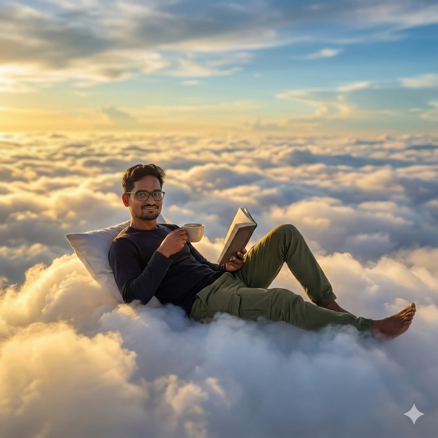  the person from the reference photo ( keep the face of the person 100% accurate from the reference image ) relaxing on a fluffy, glowing cloud high above the sky, surrounded by soft golden sunlight and vast layers of clouds stretching to the horizon. the person is lying back comfortably with a pillow, wearing a dark long-sleeve shirt, olive green pants, and glasses, holding a book in one hand and a coffee cup in the other. the lighting is cinematic and warm, capturing the golden hour ambiance with radiant highlights and gentle shadows across the clouds. captured with a wide-angle lens at medium depth of field, balancing focus between the subject and the surrounding dreamy sky. the overall atmosphere is surreal and serene, blending realism with fantasy in a peaceful, imaginative setting. 