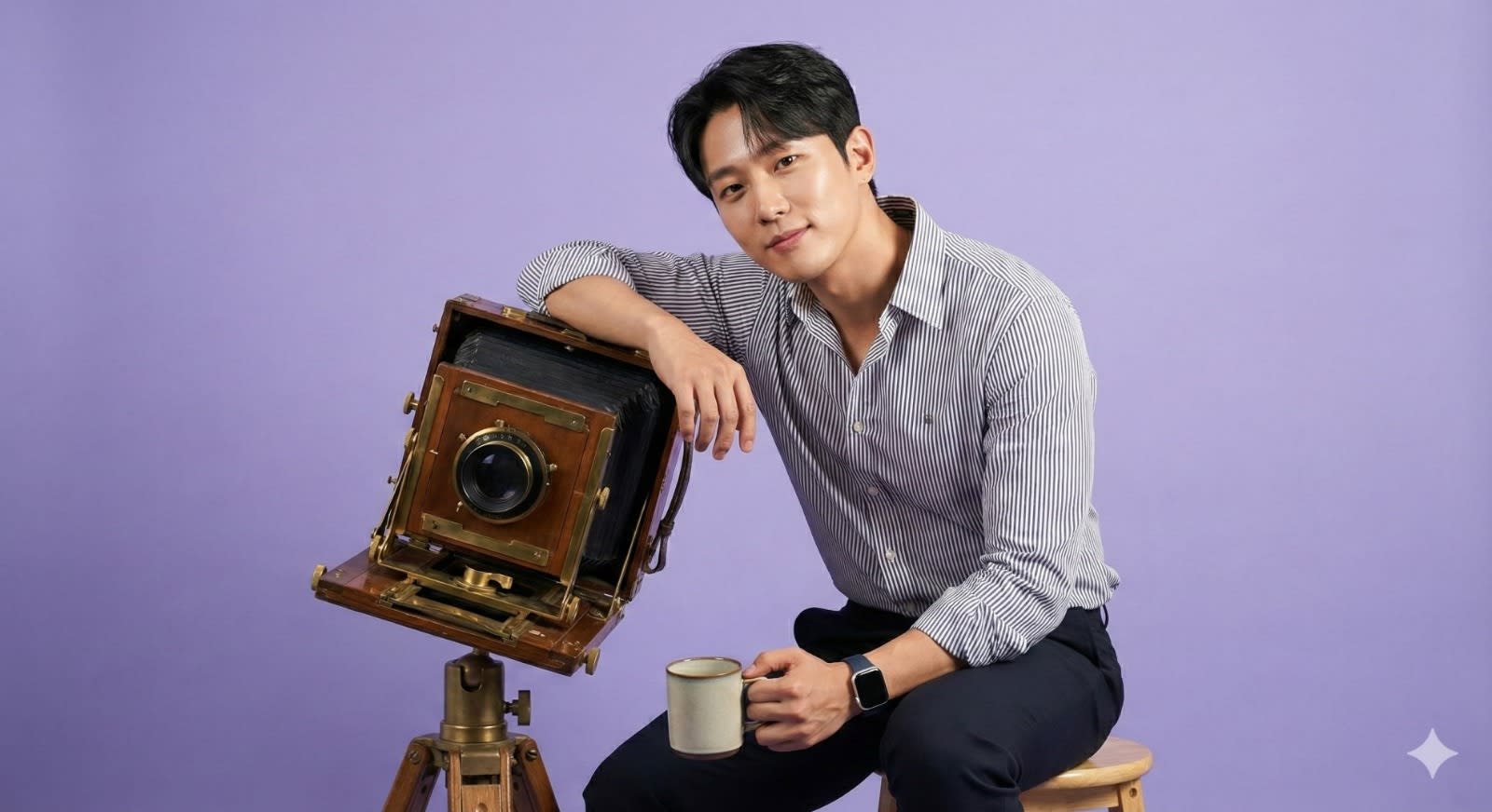  A hyper-realistic full-body portrait of uploaded image. Their pose is "sitting". Beside them stands a vertical oversized "camera", placed firmly on the ground, slightly tilted for a stylish aesthetic. The object is approximately at arm-height, allowing them to casually lean one arm on it for support. In their other hand, they hold a "cup". Minimal "lavender" studio background with soft cinematic lighting. Ultra-detailed textures on clothing, skin, hair, object surfaces. Composition clean, minimal, modern, and visually striking. 