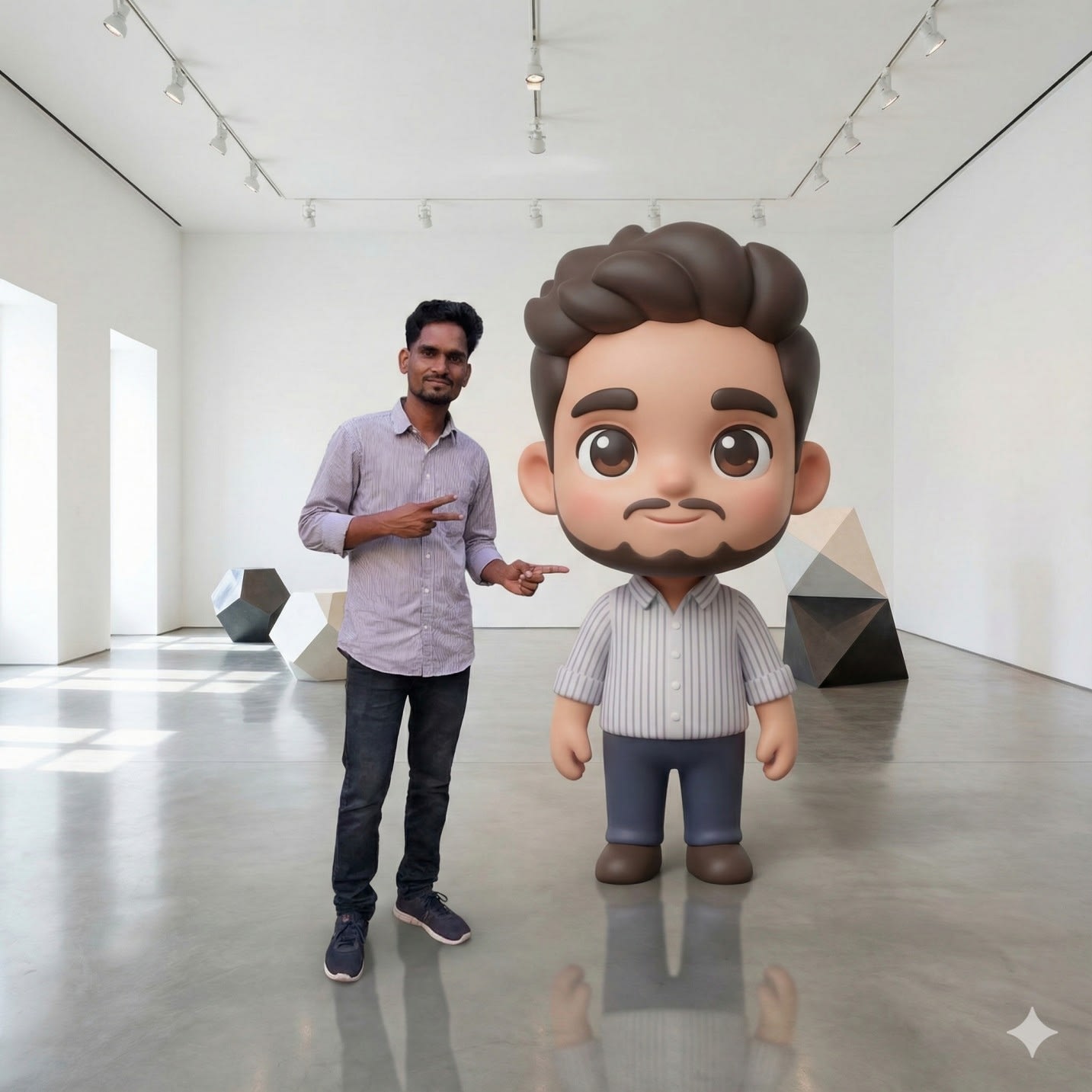  Transform of into a realistic scene where the person stands next to a large ${figureStyle} of herself with the same hairstyle and outfit version of themselves inside a a bright art gallery with smooth polished floor, white walls, ceiling track lights, and geometric sculptures on display.. The statue should have a round face, big cute eyes, soft smile, and oversized head with a small body to look adorable and toy-like. Use soft matte or vinyl toy texture to enhance the cuteness. The person is making ${pose} gesture. Match lighting, perspective, and shadows between the person and the statue so they blend naturally in the same space. Add ambient light, contact shadows, and clean reflections. The statue is slightly taller and positioned close to the person. High detail, soft lighting, no harsh edges, no extra people. 