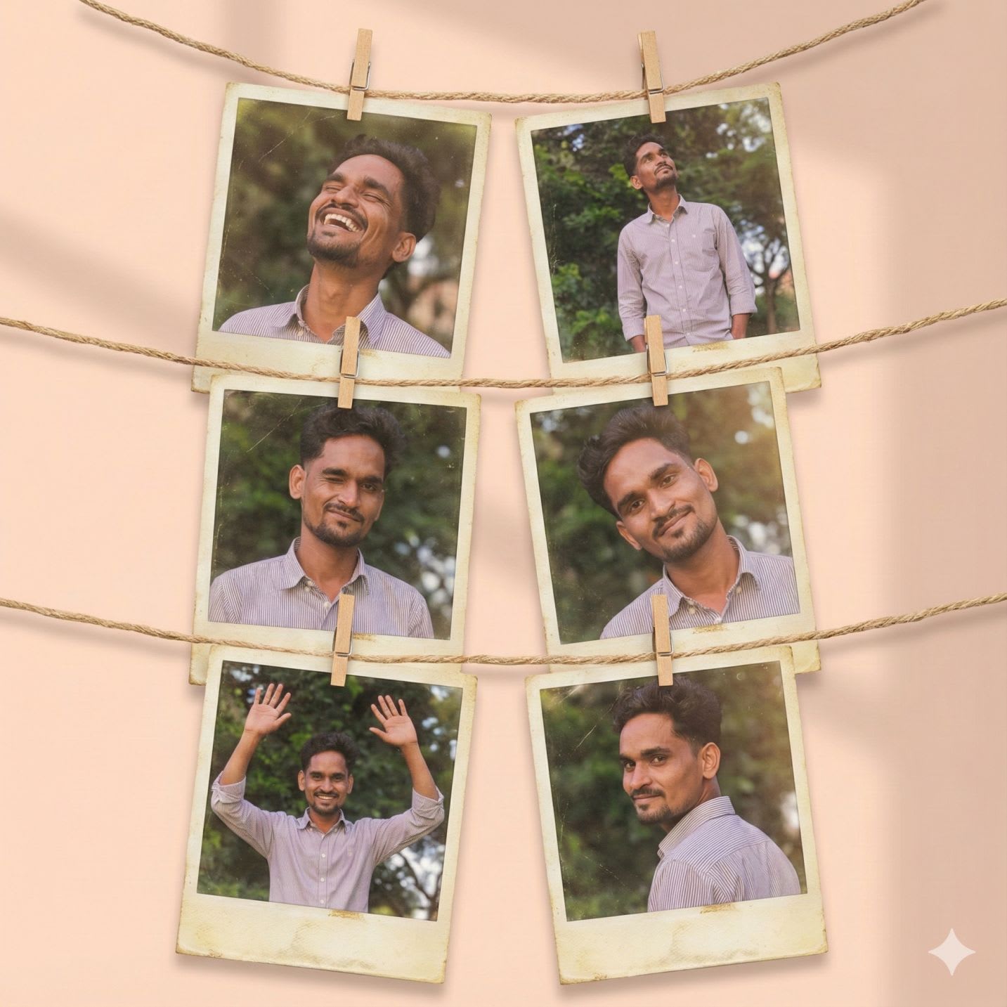  Create an artistic collage of 6 vintage Polaroid photos, attached with a decorative rope and mini clothespins, like a home photo gallery. Each Polaroid frame has a slight fading and an old paper effect. The background is a soft pastel wall with light shadows, creating a cozy and creatively chaotic atmosphere. Emotions and poses: Light laughter — eyes closed, natural joy. Dreamy gaze upwards, relaxed pose. Playful wink. Calm smile with a head tilted to the side. Dynamic gesture hands raised high, full of energy. Romantic half-glance over the shoulder. The atmosphere is an art-retro style with elements of a '70s fashion magazine, soft diffused lighting, and muted warm and golden tones. Each photograph looks like a unique behind-the-scenes shot, with a touch of nostalgia and a sense of personal history. 