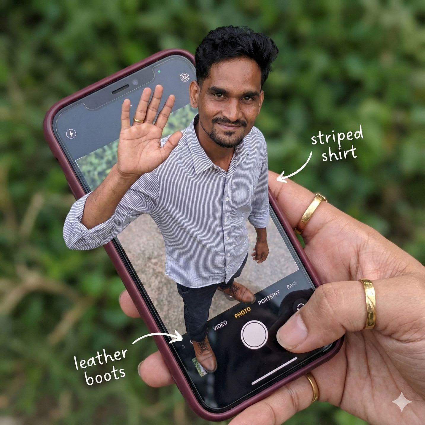 {
  "subject": {
    "description": "A hyper-realistic optical illusion photograph. A young Caucasian man appears to be stepping out of a smartphone screen held in a hand. The screen displays the camera interface, capturing his boots, while his real upper body extends out of the phone into reality. He is waving his hand naturally to the viewer.",
    "mirror_rules": "Ensure the phone screen clearly shows the iOS Camera UI (shutter button, mode text). Handwritten annotations must be legible and not mirrored.",
    "age": "20s",
    "expression": {
      "eyes": {
        "look": "Confident and friendly",
        "energy": "Direct and charismatic",
        "direction": "Looking at the viewer"
      },
      "mouth": {
        "position": "Relaxed smile",
        "energy": "Approachable and stylish"
      },
      "overall": "Lifelike, engaging interaction"
    },
    "face": {
      "preserve_original": "true",
      "makeup": "No makeup, natural male skin texture",
      "features": "Preserve facial structure from reference image"
    },
    "hair": {
      "color": "Dark brown",
      "style": "Naturally styled, slightly textured",
      "effect": "Realistic shine, subtle wind effect"
    },
    "body": {
      "frame": "Athletic but proportionally realistic male body",
      "waist": "Natural male proportions",
      "chest": "Covered by high-quality knit or jacket",
      "legs": "Visible INSIDE the phone screen interface wearing boots",
      "skin": {
        "visible_areas": "Face, hands",
        "tone": "Fair Caucasian skin",
        "texture": "Ultra-realistic skin texture, visible pores, natural imperfections",
        "lighting_effect": "Soft daylight"
      }
    },
    "pose": {
      "position": "Torso and head emerging vertically from the phone, legs displayed on the screen",
      "base": "Dynamic standing pose",
      "overall": "One hand raised outside the phone, waving naturally, energetic and alive"
    },
    "clothing": {
      "top": {
        "effect": "High-end menswear styling, premium fabric texture, high-quality textile photography"
      },
      "bottom": {
        "type": "Tailored trousers and leather boots",
        "color": "Dark Grey trousers, Brown boots",
        "details": "Boots visible on the screen beneath the UI elements"
      }
    }
  },
  "accessories": {
    "jewelry": "Gold rings on the photographer's hand (foreground)",
    "device": "Smartphone with burgundy case. The screen is ACTIVE and DETAILED: it displays the iOS Camera App Interface (white circular shutter button at bottom, 'PHOTO' text).",
    "prop": "On the phone screen: White handwritten-style text overlays with arrows pointing to the outfit elements (e.g., text 'suede jacket' with arrow, 'leather boots' with arrow)."
  },
  "photography": {
    "camera_style": "DSLR photography, Macro lens for phone details",
    "angle": "POV, High angle looking down at hand",
    "shot_type"