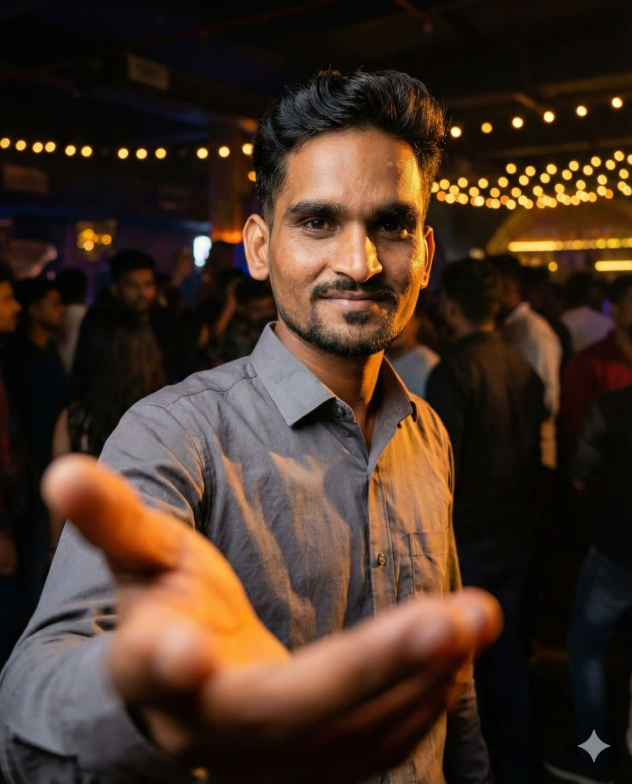 Use the uploaded image as the identity reference.

Identity (Strict)
Preserve the uploaded person’s 100% facial identity: facial structure, proportions, skin texture, age, expression, and natural asymmetry.
Do not change gender, age, ethnicity, or body type.
No beautification, no face reshaping, no stylization.
Style & Composition (LOCKED)
Generate the image in the same visual style, camera setup, pose logic, and composition as a premium nightlife fashion portrait with forced-perspective reach.
One hand or foreground element must appear closer to the camera, creating depth.
Foreground hand covers roughly 25–35% of the frame.
Face remains the primary focal point; foreground slightly softer.
Pose Adaptation (IMPORTANT)
Adapt the pose naturally to the uploaded person’s gender and body type.
Do not copy a feminine or masculine pose rigidly.
Maintain confident, composed body language appropriate to the subject.
Wardrobe Logic (Gender-Safe)
Preserve the uploaded person’s original clothing if visible.
If clothing must be inferred, generate neutral, fashionable, context-appropriate attire that fits the subject’s gender presentation naturally.
No corsets, dresses, or gender-locked outfits unless already present in the reference image.
Hair & Makeup
Preserve original hair length, texture, and style direction.
Makeup should match the uploaded person:
If none → natural skin
If present → replicate intensity and finish
No forced glam.
Environment
Create a modern nightlife / low-light social environment consistent with a stylish club or evening venue.
Background crowd must remain soft, blurred, and non-identifiable.
Lighting (LOCKED LOOK)
Side-accent key light from one direction.
Low ambient fill.
Warm, moody color temperature.
Realistic shadow falloff consistent with club lighting.
Camera Look (LOCKED)
Vertical 4:5 composition.
Natural wide-angle feel.
Medium close-up framing.
Slight perspective exaggeration from close camera distance.
Output Quality
Ultra-photorealistic
High resolution
Natural skin and fabric texture
No text, no watermarks, no overlays
Absolute Rules
No gender forcing
No pose cloning
No face alteration
No outfit mismatch
No style drift