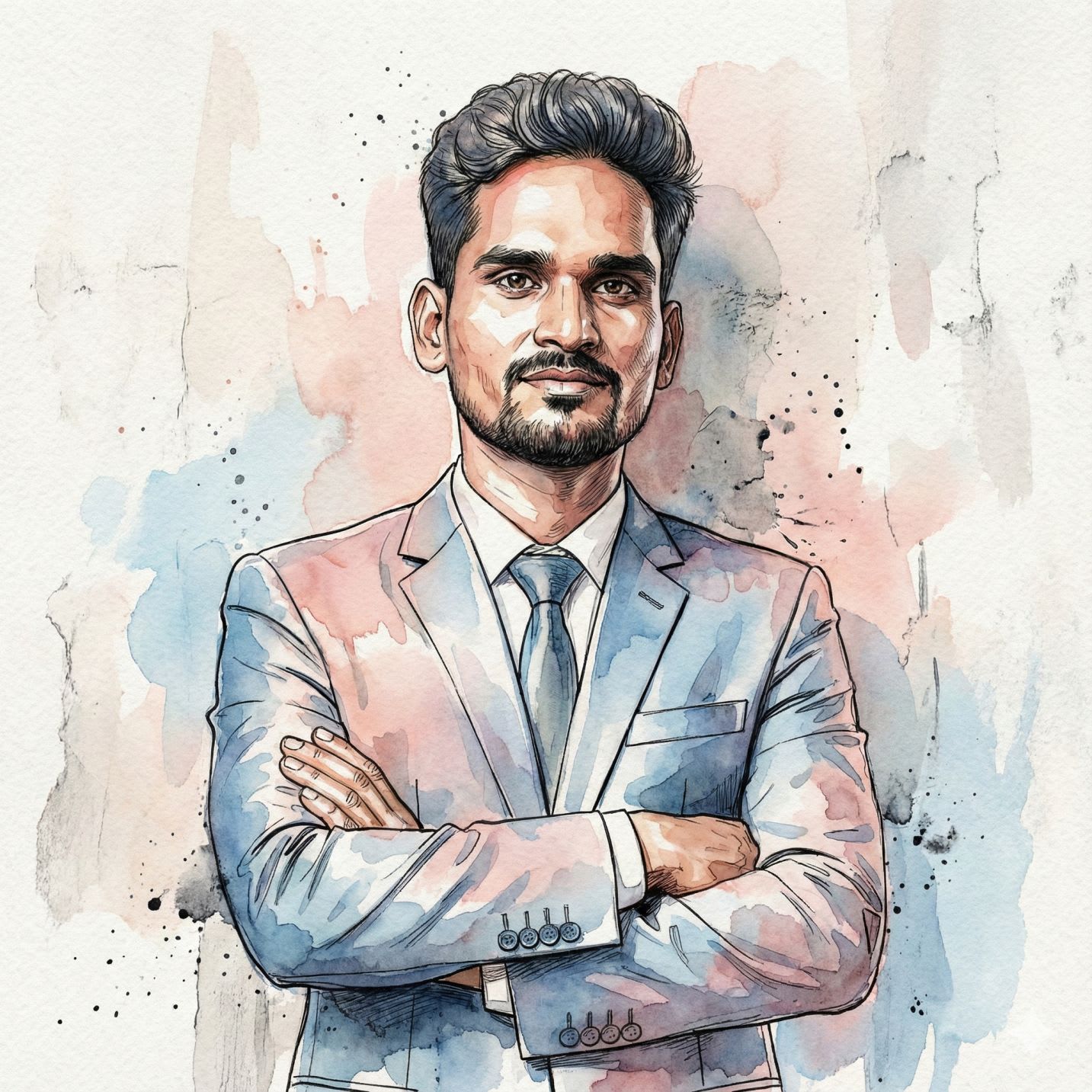 "Create a high-detail watercolor and ink portrait of the exact same face (100% match). Preserve the facial features precisely. The artwork should blend soft flowing watercolor washes in pastel blues and warm pinks with expressive black ink linework defining contours and hair strands. The colors should bleed naturally into each other with visible paper texture and delicate brush splatter. Use light transparency layers to convey emotion, depth, and a sense of calm movement. Place the subject in front of a textured wall (e.g., brick, stucco, or painted surface) instead of a plain background, keeping the wall subtle so it complements the portrait without distracting. Maintain a soft, artistic feel with the wall integrated naturally behind the figure."