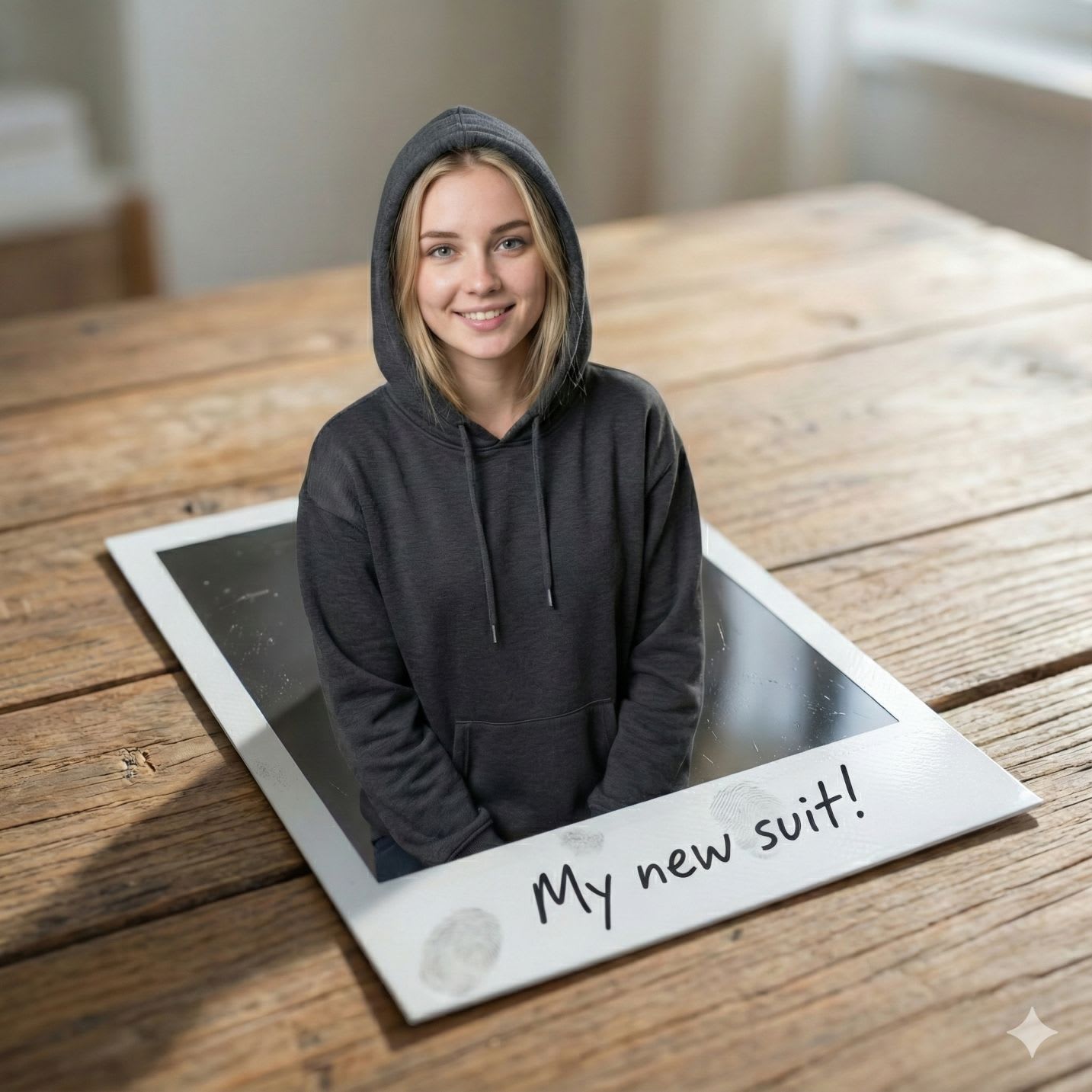 Use the uploaded image as the identity reference.

Identity (Strict – No Compromise)
Preserve the uploaded person’s 100% facial identity: facial structure, proportions, skin texture, hairline, age, and natural expression.
Do not morph, beautify, feminize, masculinize, or stylize the face.
Gender, body type, and appearance must remain exactly as in the reference image.
Core Concept (STYLE LOCKED)
Create a hyper-realistic optical illusion photograph where the person appears to be emerging out of a freshly developed instant photo (Polaroid-style) placed on a small table or flat surface.
Inside the instant photo: the person’s full body or lower body is visible.
Outside the photo: the person’s upper body and head emerge into real space, casting a realistic shadow onto the surface.
The transition between print and reality must feel physically believable.
Pose & Interaction (Adaptive)
The emerging pose should feel natural and spontaneous, adapted to the uploaded person’s gender and body language.
One hand or upper-body gesture may extend slightly forward to enhance depth.
Expression should feel lively and engaging, but must adapt naturally to the person’s face (no forced kiss, pout, or flirt unless it already fits).
Hair & Styling
Preserve original hair length, texture, and direction.
Add only subtle natural movement (air or motion), never restyling.
Clothing Logic (IMPORTANT – Gender Safe)
Preserve the uploaded person’s clothing if visible.
If parts of the outfit are not visible, infer neutral, realistic, context-appropriate fashion that fits the person’s gender presentation naturally.
Clothing inside the instant photo must logically match the person emerging from it.
No skirts, dresses, or gender-locked items unless already implied by the reference image.
Instant Photo Details
The instant photo should look glossy and real, with:
Subtle fingerprints
Micro scratches
Natural paper texture
Any printed text on the photo frame must be readable and not mirrored.
If handwritten annotations are present, they must be:
Legible
Correctly oriented
Clearly pointing to outfit elements inside the photo
Environment & Lighting
Use soft natural daylight or diffused light.
Shadows must match direction and intensity across:
The real subject
The instant photo
The table or surface
Maintain realistic depth and scale.
Camera & Composition
Forced-perspective realism
Slight top-down or intimate POV angle
Shallow depth of field to emphasize realism
Preserve original aspect ratio unless explicitly changed
Output Quality
Ultra-photorealistic
High resolution
Natural skin and fabric textures
No text overlays, no watermarks
Absolute Rules
No gender forcing
No identity change
No pose copying from a specific gender
No outfit hallucination
No surreal distortion beyond the illusion