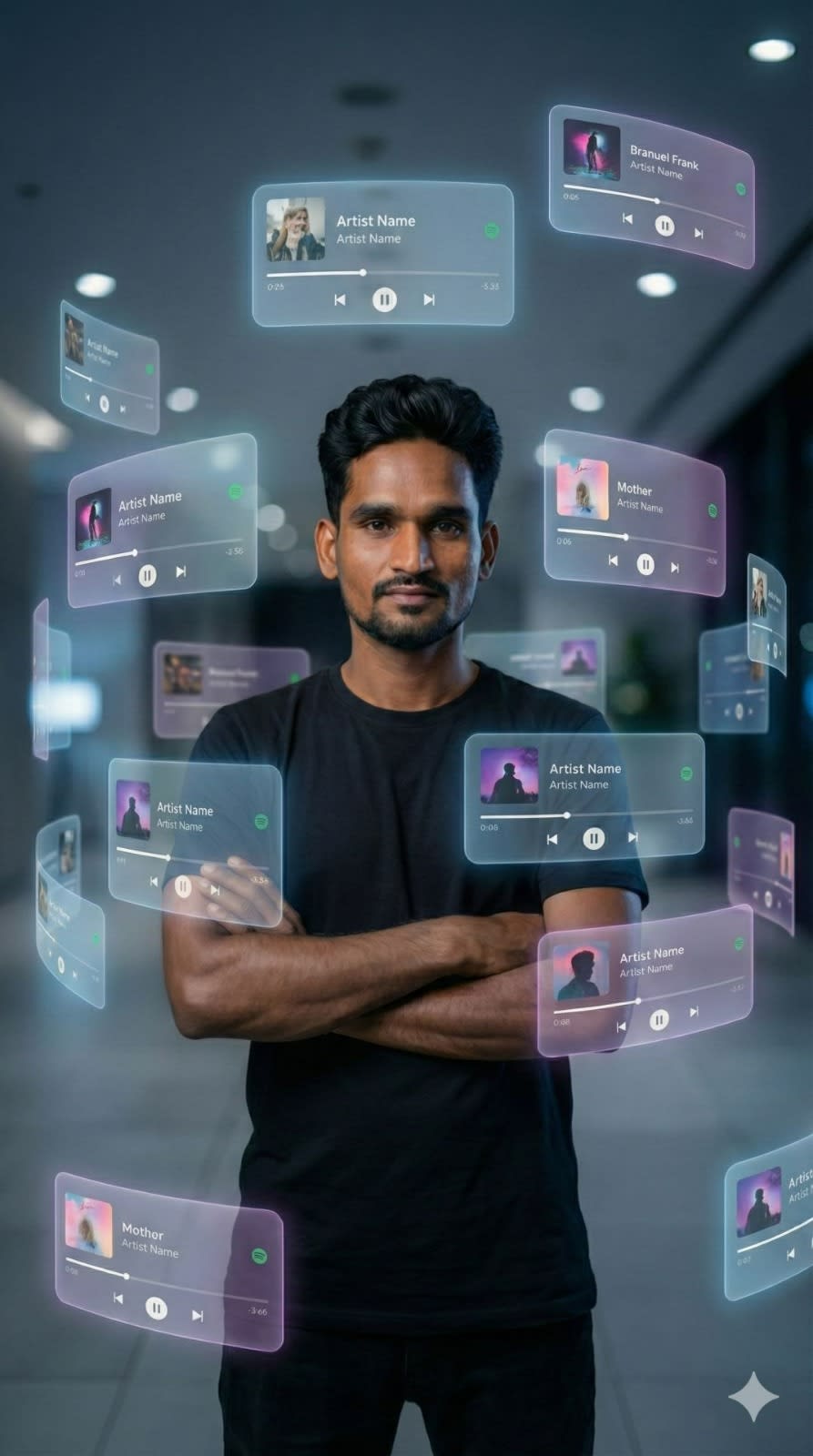 A dreamlike, movie-quality augmented reality visual where numerous hovering Spotify player interface cards orbit the central figure (the person shown) in a complete 3D spatial composition, with each music player card strategically placed at varying distances, some prominently positioned in front and partially covering the subject, while others float behind and alongside them, utilizing the authentic Apple Music UI/Spotify UI elements playback progress indicators and featuring songs by {argument name="artist name" default="Artist Name"}; all cards display smooth rounded edges with subtle angular perspective shifts, presenting a translucent, frosted-glass aesthetic that radiates a gentle diffused border luminescence with measured cinematic light bloom interacting organically with the ambient lighting of the scene; the composition showcases a cool-to-neutral color palette with rich yet preserved shadow detail, strategic bursts of color from album artwork, medium-high contrast levels with gradual highlight transitions, delicate focal depth variation where nearer cards maintain crisp detail while farther ones receive gentle blur treatment, and understated motion-enhancing accents, all while keeping the subject photorealistic, centrally positioned, and authentically integrated into their physical surroundings. create image in 9:16 aspect ratio