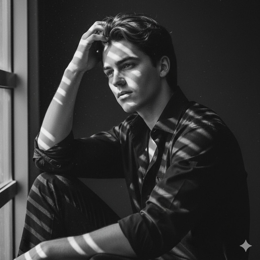 A hyperrealistic 8K black and white cinematic portrait of a handsome man with natural freckles and soft full lips. He's wearing black shirt unbuttoned, sleeves rolled up. He is seated sideways near a window, his body turned slightly away from the camera while his face gently tilts back toward the lens, catching the incoming light. One arm rests loosely on his lap, the other raised with fingers brushing his hair, adding natural elegance to the pose. Sharp beams of sunlight cut through blinds, falling diagonally across his face and body, creating patterns of high contrast that resemble shimmering underwater light. The interplay of shadow and brightness sculpts his features, highlighting the fine detail of his skin texture - visible pores, faint freckles, and the delicate sheen of natural light on her lips and cheekbones. The background is deep and minimal, dissolving into soft gradients of black, with dust particles faintly visible in the illuminated air. Film-like grain enhances the analog quality of the portrait, while the high contrast of pure blacks against luminous whites makes the composition timeless and editorial. Don't change the face.

Use the attached image and don't change facial details