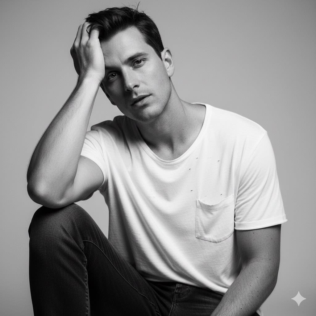 A monochrome portrait of me sitting in a relaxed pose against a plain background. My body is angled slightly forward, with my right arm bent upward so that my hand rests casually on my forehead, fingers framing the side of my face in a natural gesture. My left arm rests lower, close to my body. I am looking directly at the camera with a calm but slightly intense expression, lips slightly parted, giving the image a moody and introspective feeling. I am wearing a loose-fitting white T-shirt, slightly wrinkled, with small distressed details visible on the fabric near the chest area. The shirt drapes naturally across my torso and shoulders. I am also wearing dark denim jeans, with one knee bent upward and partly visible in the frame. The shot is taken at eye-level, using a portrait focal length around 85mm, which creates a shallow depth of field and keeps the background softly blurred. The black-and-white tones emphasize contrast, shadows, and textures, highlighting the casual outfit, the relaxed but expressive pose, and the overall moody, editorial style of the image.