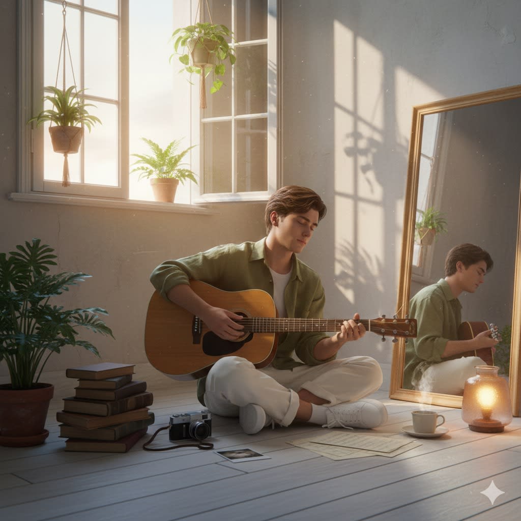 Hyper-realistic portrait of a person sitting on light wooden floor near a large open window, playing guitar in soft dawn light. The vintage-inspired room has worn cream walls, hanging plants, and ceramic pots casting organic shadows. A floor mirror reflects the scene — the guitar, a softly lit face, and golden light streaming in. Everyday objects fill the space: stacked books, loose music sheets, an old camera, a taped Polaroid, a steaming coffee cup, and a frosted glass lamp glowing amber. Dust sparkles in the sunbeams as warm morning light blends with a cool blue rim light for cinematic depth. Soft vintage bloom, analog 35mm texture, and subtle halos enhance the poetic realism. The person wears natural linen and cotton in faded neutral tones, relaxed and introspective. Side composition, shallow depth of field, 50mm f/1.4 look, and a soft vintage palette of sand, pale blue, and olive green. Negative prompt: CGI, overexposure, harsh shadows, skin smoothing, modern outfits, clutter-free sterile backgrounds, digital filters, or artificial reflections.