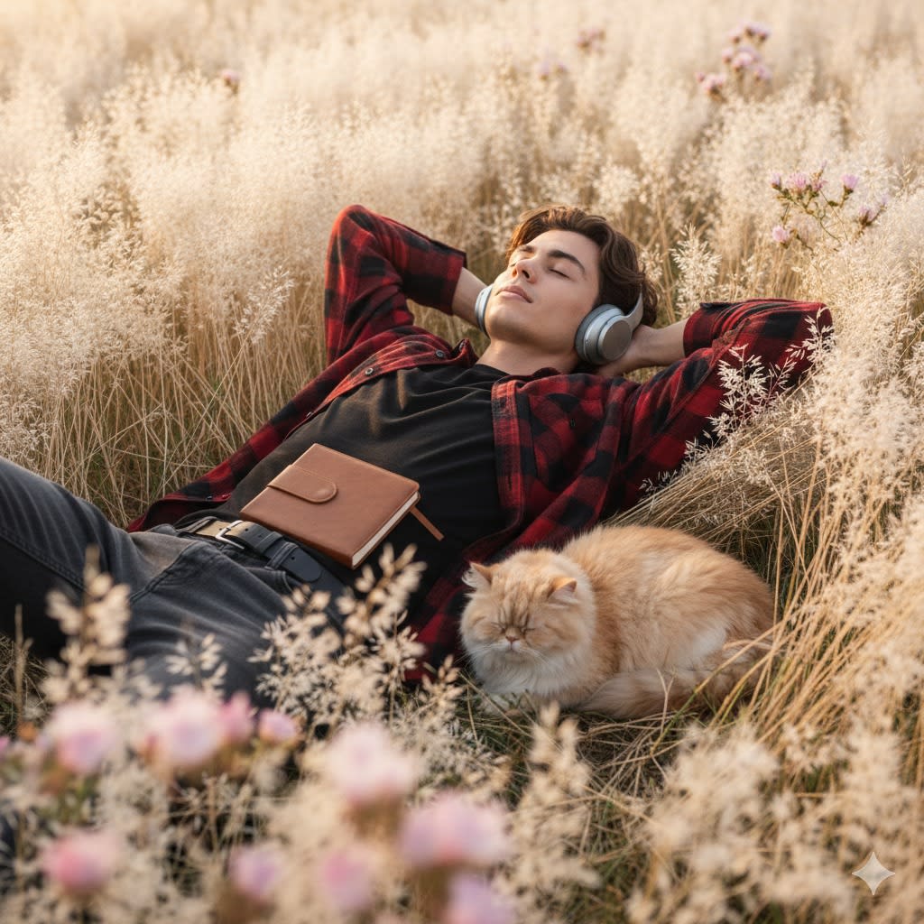 Hyper-realistic low-angle vertical shot (9:16) of a young man lying in a white long feathery plant field. He wears a modern check shirt over black tee, arms bent under his

head, eyes closed peacefully. Overhead headphones in curly hair, an upside-down a Notebook on his chest, and a persian cat tubby sleeping beside him. Warm light, floral foreground overlap, sharp 8K detail, cinematic color grading, soft shadows.

(Use my exact face as reference images)