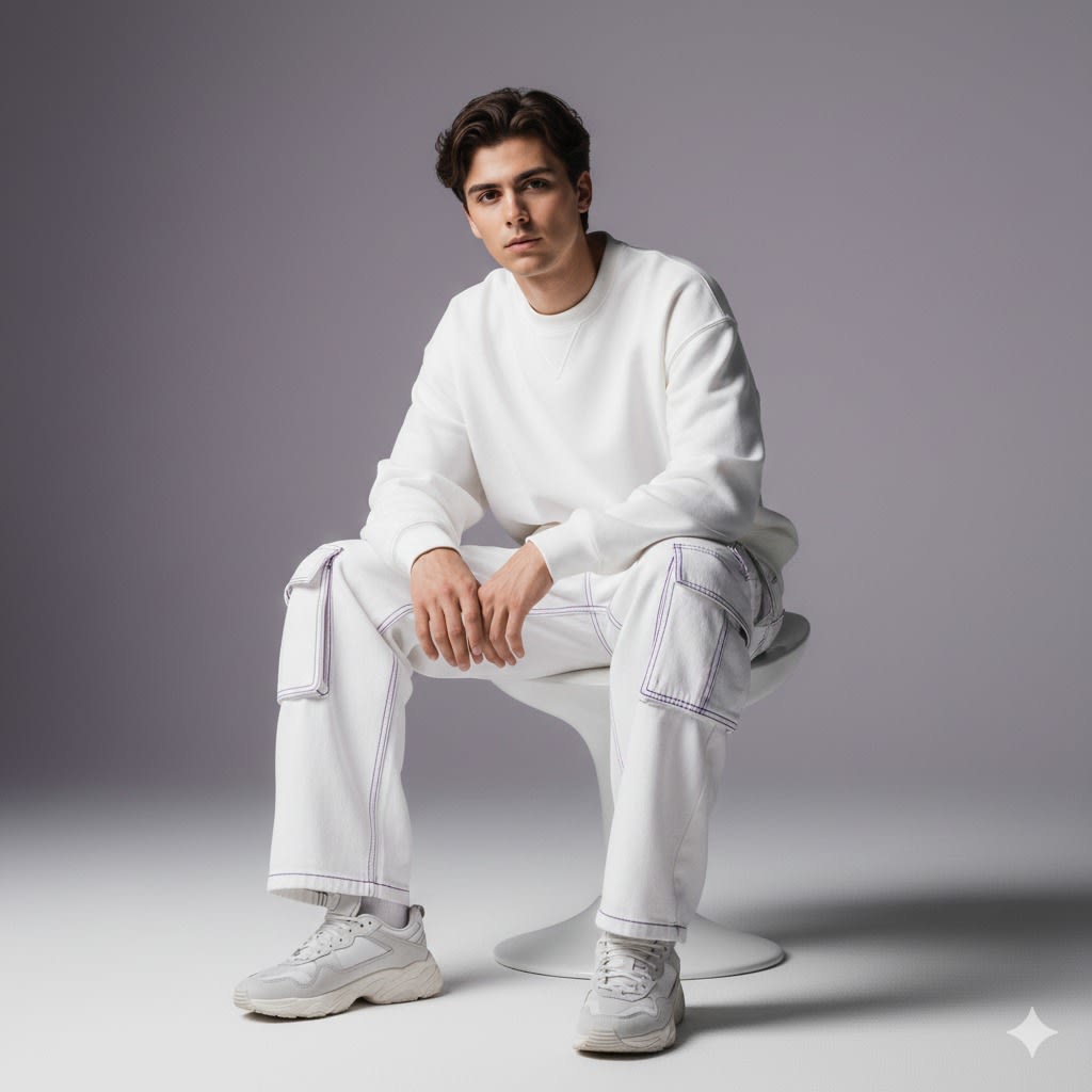 Outfit: The ensemble consists of an oversized white sweatshirt paired with white and purple oversized combat jeans, complemented by footwear options that include white and purple neutral or Nike sneakers, along with white ribbed socks.

Environment: The backdrop features a muted studio setting with white and purple tones.

Lighting: A soft, cinematic glow will be utilized to accentuate skin and fabric textures.

Style: The overall aesthetic combines elements of fashion editorial with a futuristic flair.

Composition: The model will be seated elegantly, maintaining a relaxed posture. It is essential that both the facial expression and hairstyle remain consistent with the reference images provided.