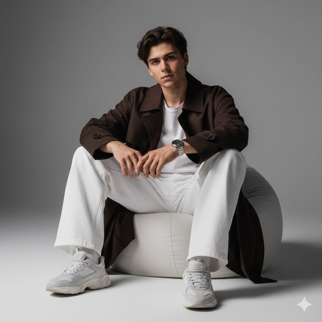 Hyper-realistic cinematic fashion photoshoot of a the person in photo. He has a refined slim face with a lean, youthful, and elegant physique. Seated casually on a deep white bean bag, he wears bold all-dark chocolate oversized streetwear: a stylish trench coat over a clean white inner t-shirt, wide white pants, chunky sneakers, and a silver watch. The background is minimal with an aesthetic grey tone. The atmosphere reflects powerful drip vibes, like an Adidas campaign editorial, with dramatic studio lighting and a modern urban touch. Keep his face 100% accurate and realistic.