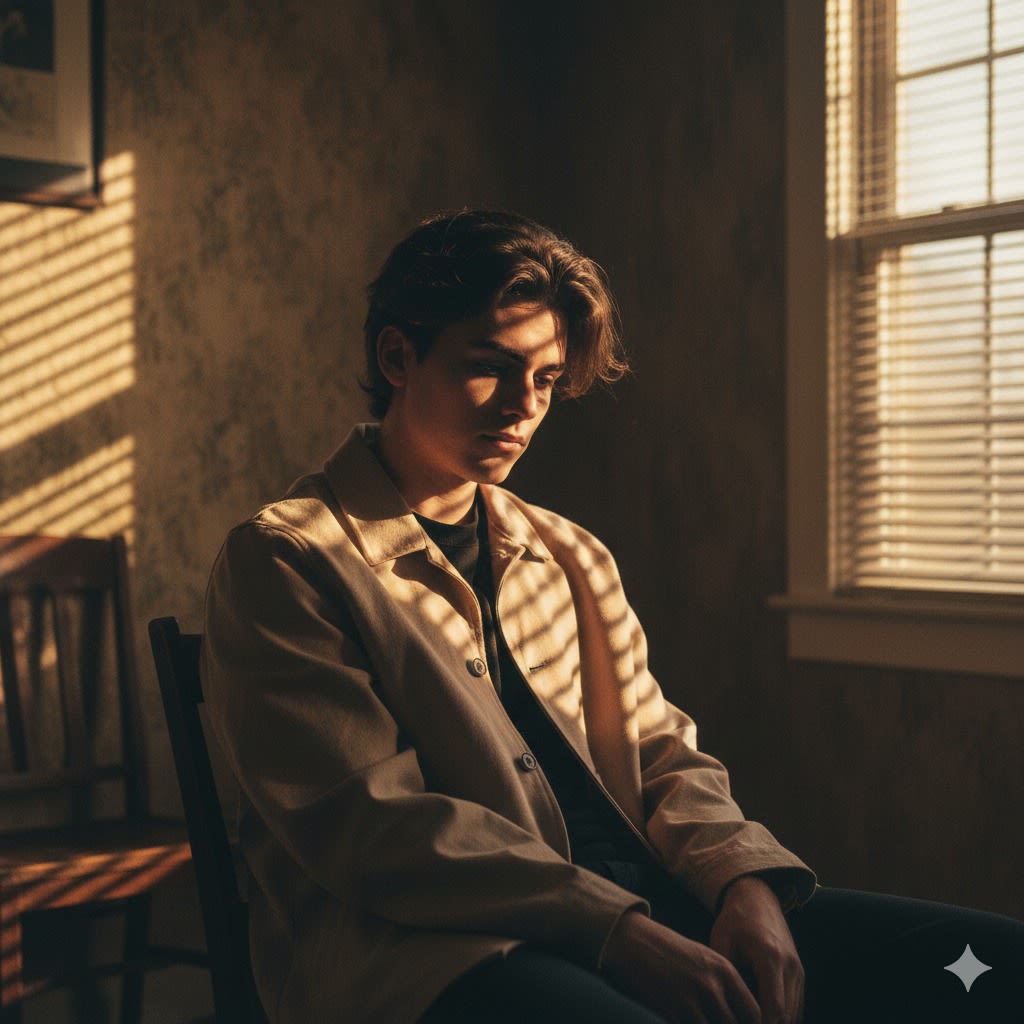 A boy sitting on a wooden chair in a dimly lit vintage room. He wears a skin-colored

oversized jacket. Sunlight filters through window blinds, casting dramatic stripes

across his face and the wall. The atmosphere is nostalgic and contemplative, with a soft golden hue and warm tones. The lighting highlights his facial features against a

dark background.