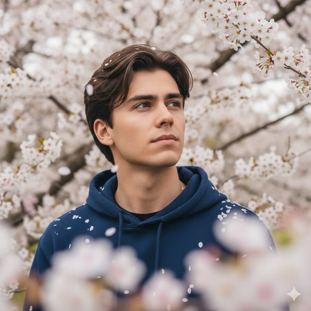 A half-length portrait (from chest to top of head) of a young man attached photo

in a blue hoodie. He looks up and to the right, head slightly

tilted, expression slightly pensive. Dark brown hair, naturally messy, a few strands

covering his forehead. Spring scene with white-pink

cherry blossoms all around, many petals falling in the air and a few resting on the

shoulders of his shirt blazer. Foreground has blurry cherry blossoms. Keep the face features same.