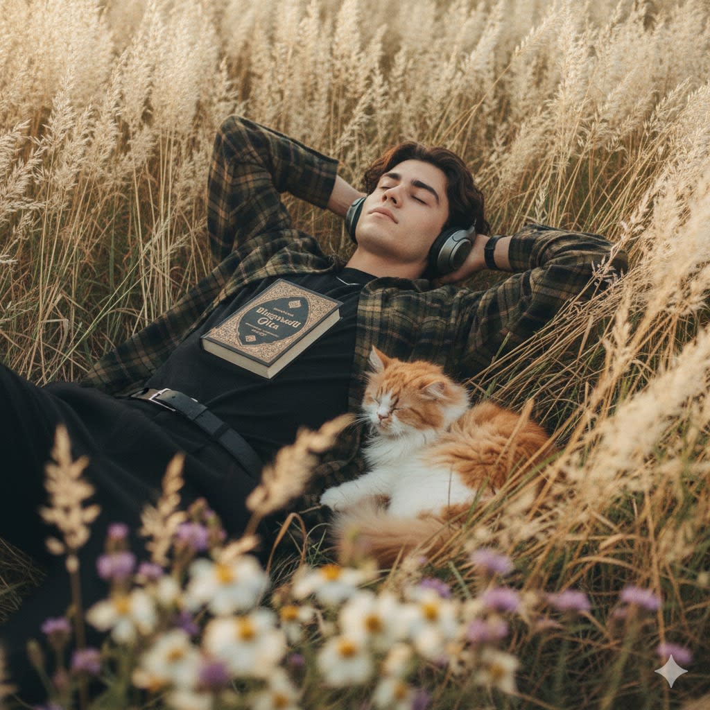 Hyper-realistic low-angle vertical shot (9:16) of a young man lying in a white long
feathery plant field. He wears a modern check shirt over black tee, arms bent under his
head, eyes closed peacefully. Overhead headphones in curly hair, an upside-down a
vagbat gita book on his chest, and a persian cat tubby sleeping beside him. Warm
light, floral foreground overlap, sharp 8K detail, cinematic color grading, soft shadows.
(Use my exact face as reference images)