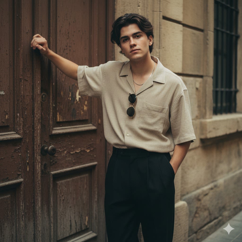A 90s vintage editorial-style portrait of a young man (face reference from uploaded
photo) leaning casually against an old rustic doorway. He poses with one hand
gripping the chipped wooden door and the other tucked in his black pleated trousers,
exuding effortless confidence.
He wears a loose beige short-sleeve button-up shirt.
slightly unbuttoned at the chest with sunglasses hanging from the collar, styled in a
retro casual way.