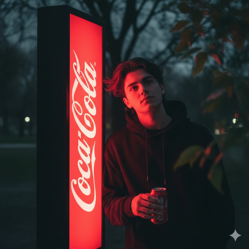 Cinematic night street photography of a man with the exact same face as the
reference photo, leaning casually against a large vertical Coca-Cola illuminated light
box sign, dramatic red glowing light spilling from the box and illuminating his face
and upper body. Framing: medium shot (half body), side profile, slightly low angle.
Pose: head tilted slightly upward with a dreamy, thoughtful expression, one hand
resting while the other holds a Coca-Cola can. Setting: outdoor park-like area at
night with subtle presence of trees and soft foliage shadows in the background,
moody cinematic atmosphere. Foreground right side framed by blurred out-of
focus tree leaves and branches, natural depth-of-field effect adding layered
cinematic composition. Color grading: dark muted tones, lifted shadows, matte
desaturated style with soft dark gray shadows, faded film aesthetic, film grain.