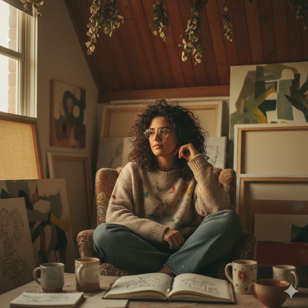 Ultra-detailed artistic portrait of a creative-looking woman with messy hair, round
glasses, wearing oversized knit sweater with paint stains, sitting in a studio
surrounded by canvas, open sketchbooks, and ceramic mugs, warm golden
lighting, dried eucalyptus hanging from ceiling, expression of calm curiosity, muted
earth tones, film grain effect, indie aesthetic, cozy and intelligent vibe.